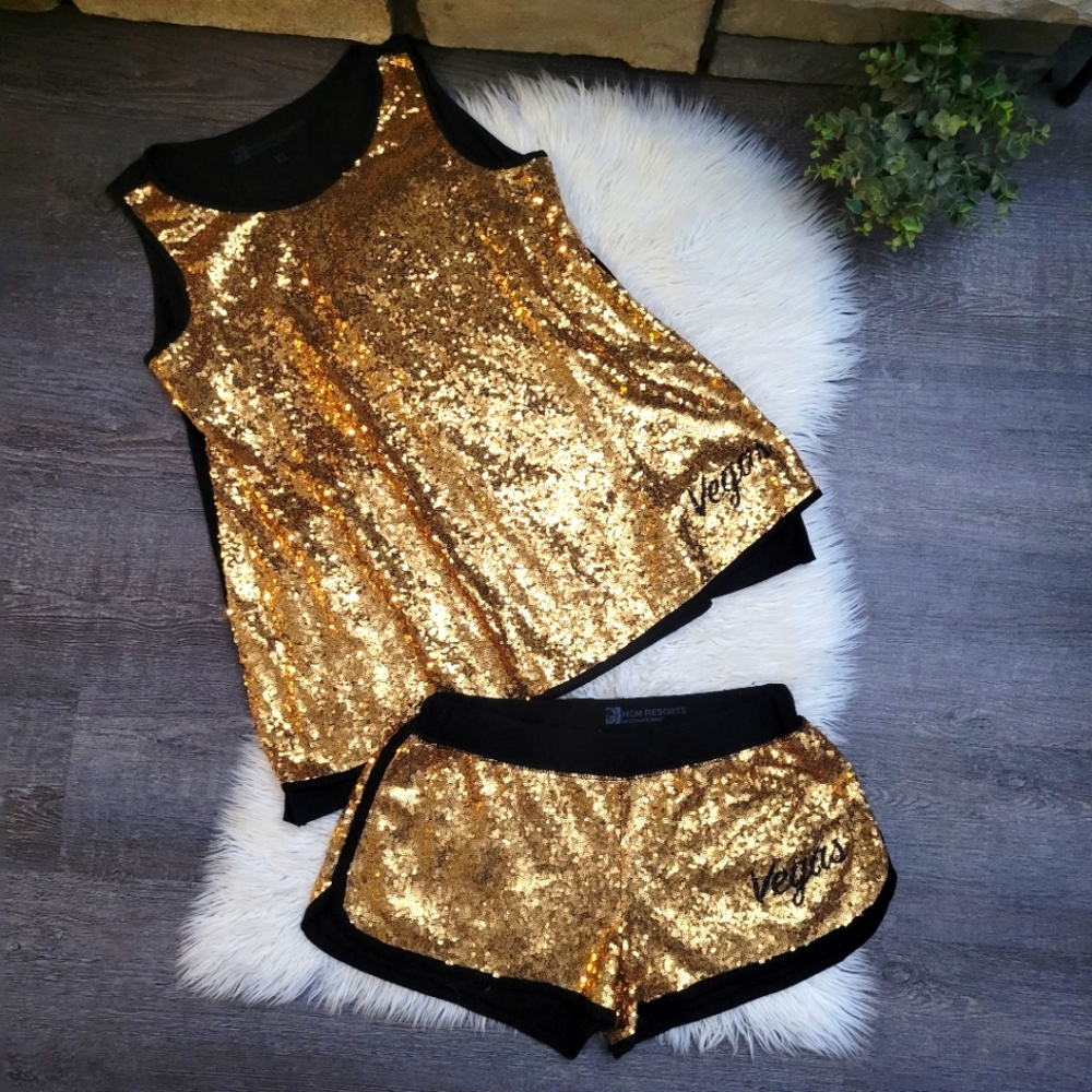 MGM Resorts Gold Sequin short and tank top set size XL